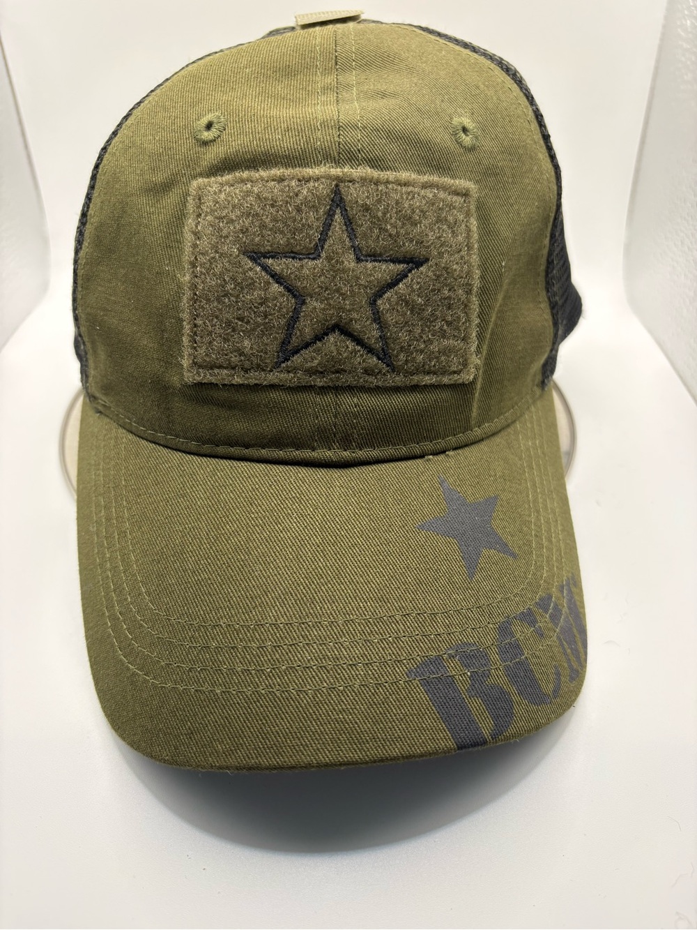 C2 Premium Olive Green Star Patch Black Mesh Trucker Hat Adjustable